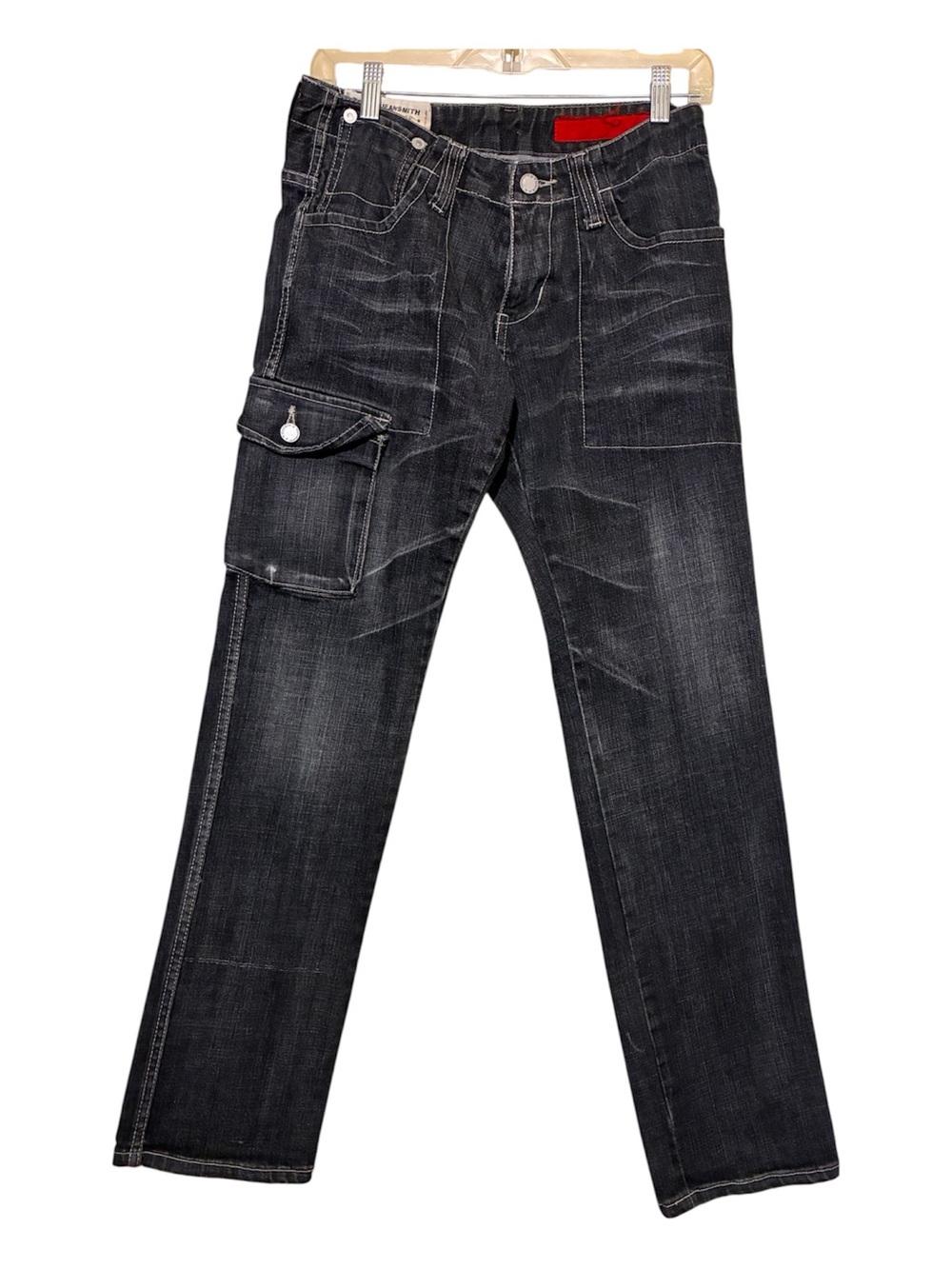 Vtg TOUGH JEANSMITH Japanese brand Military Cargo Distressed Denim Jeans 30 x 30